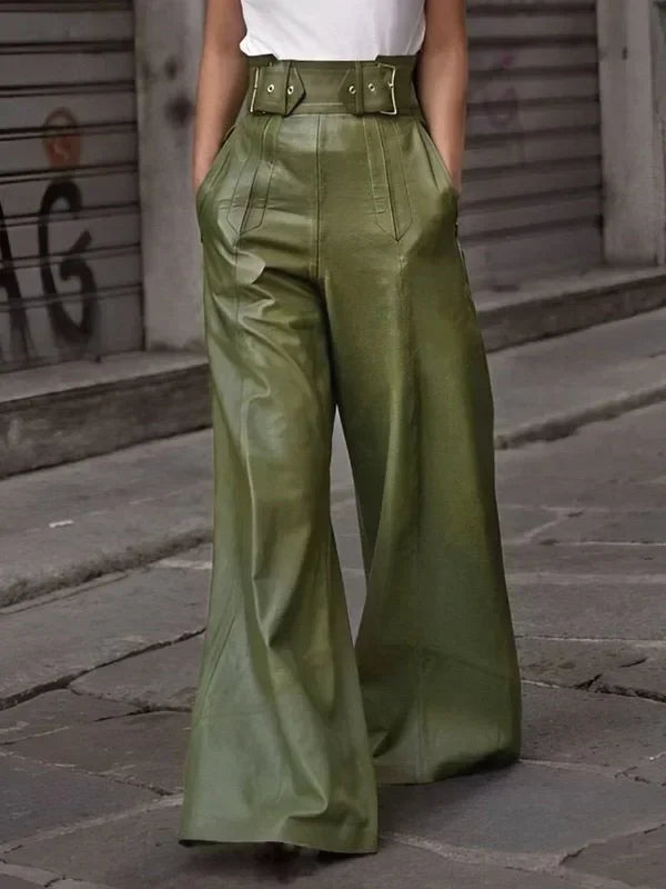 New Autumn Winter Faux PU Pants Women Fashion Casual Solid Color Pleated Pockets High Waisted Wide Leg Trousers