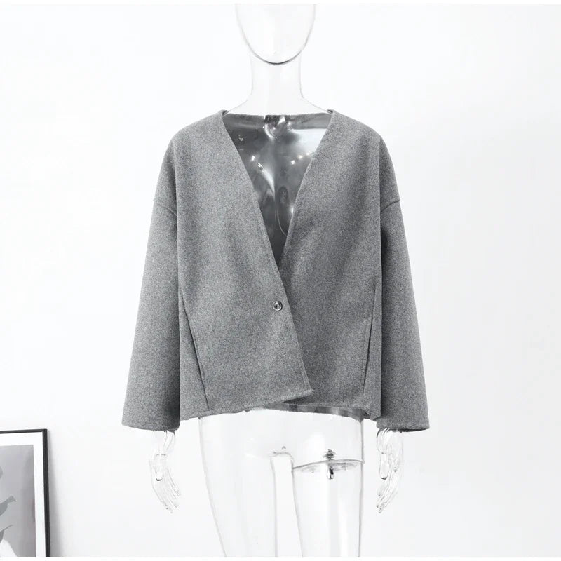 Vintage One Button Woolen Coat Women Gray Loose Long Sleeve V-neck Short Jacket Female Autumn Winter Casual Lady New in Outwears