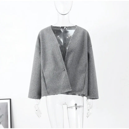 Vintage One Button Woolen Coat Women Gray Loose Long Sleeve V-neck Short Jacket Female Autumn Winter Casual Lady New in Outwears