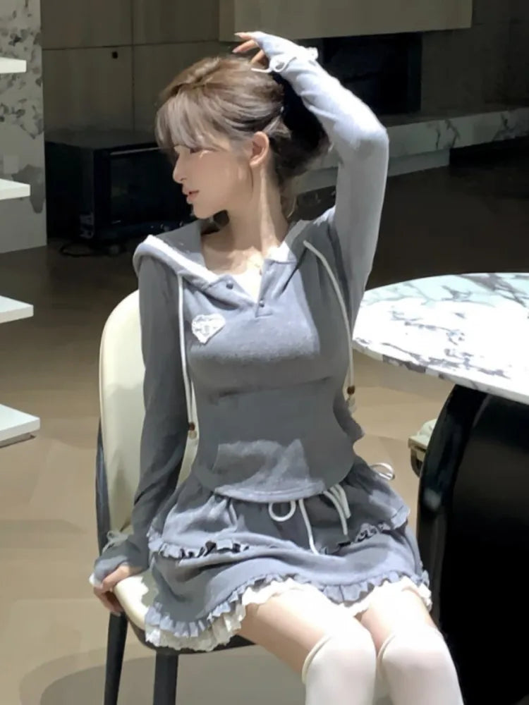 Y2K Two-piece Skirt Set Women Autumn New Hooded Long Sleeve Crop Top Lace Ruffles Mini Skirt Korean Fashion Outfits Kawaii Suits