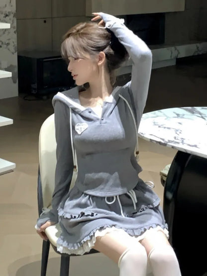 Y2K Two-piece Skirt Set Women Autumn New Hooded Long Sleeve Crop Top Lace Ruffles Mini Skirt Korean Fashion Outfits Kawaii Suits