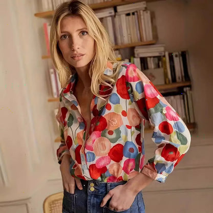 Simple Cartoon Floral Print Plus Size Blouse