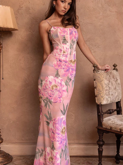 Dot Halter Slim Cleavage Floral Dress