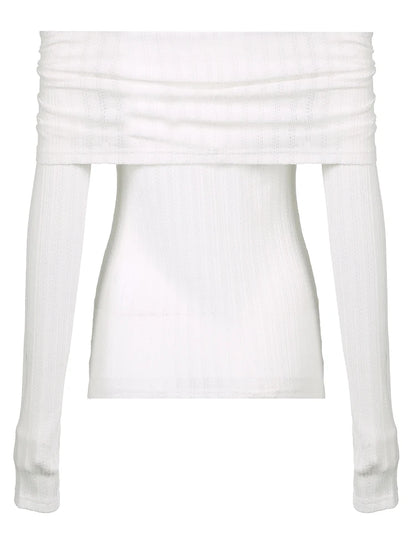 Off Shoulder Slim Long Sleeve Elegant T Shirt Women Abstract Print Korean Minimalism Style Simple Fashion Knitted Tops