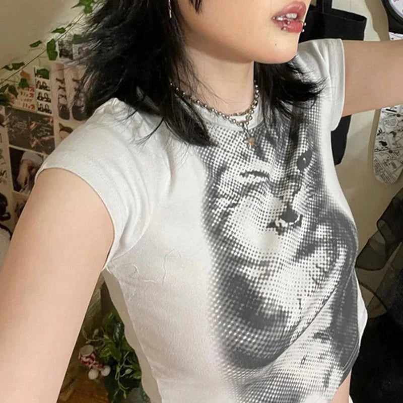 y2k Crop Top Cute T Shirt Cat Print Round Neck Short Sleeve Baby Tee Graphic Clothes 2000s Streetwear