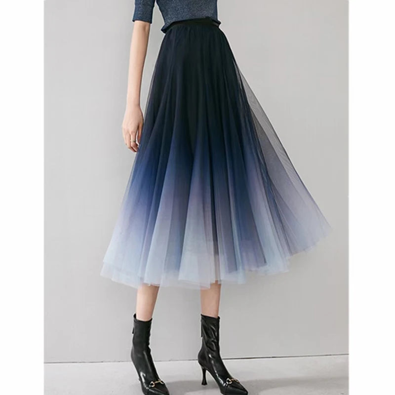 Gradient Tulle Midi Skirt Women Elegant Mesh Pleated Skirts Summer Korean Fashion High Waist Casual All Match A Line Skirt