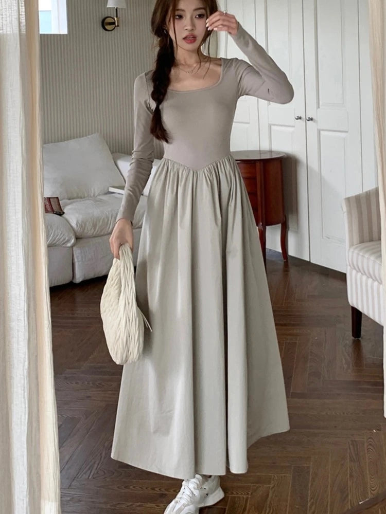 Casual Knitted Midi Dresses for Women Solid Long Sleeves Square Collar A-line Autumn New Elegant Dress Female Slim Vestidos