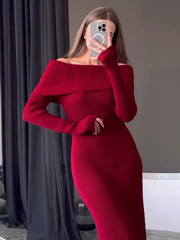 Fashion Knit Long Dress Off-Shoulder Female Ribbed Loose High Waist Elegant Autumn Party Dress Ladies Knitwear Maxi Dress