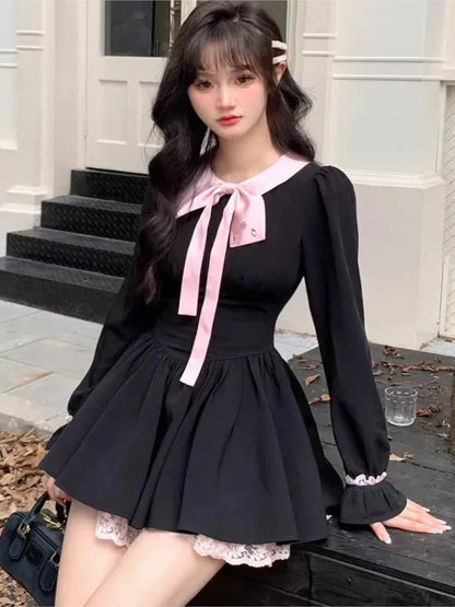 Y2K Black Short Dresses for Women Lace Ruffles Patchwork Long Sleeve A-line Princess Party Dress Korean One Piece Vestido New