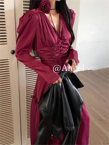 Autumn Satin Midi Dresses for Women Long Sleeve V-neck Folds Design A-line Korean Fashion Office Lady One Piece Vestidos New