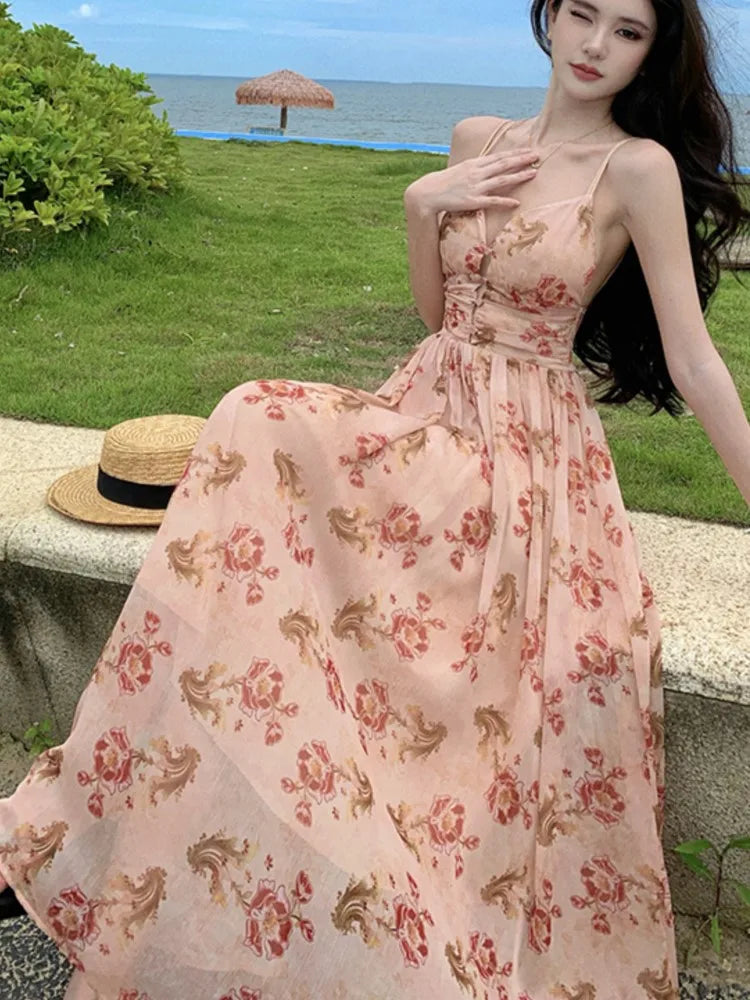 Summer New Spaghetti Strap Floral Long Dresses for Women Backless A-line Beach Style Korean Fashion Party Dress Casual Vestidos