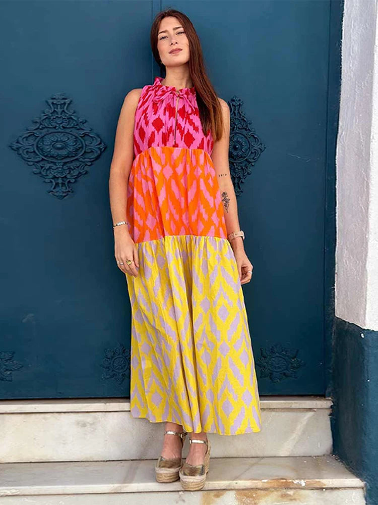 Chic Patchwork Printed Dress For Women Chic Round Neck Sleeveless Casual Maixi Dress  Summer New Female Vacation Robe