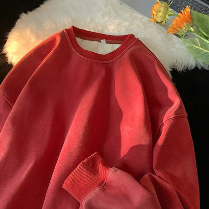American Washed Old Pullovers Sweatshirts Loose Solid Color Large Size Warm O Neck Tops Hip Hop Y2k Sweatshirt