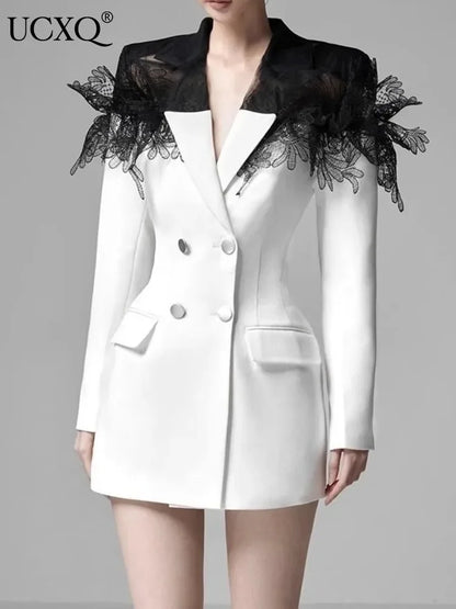 New Fashion Lace Patchwork Design Notched Collar Double Breasted Contrast Color Women’s Suit Dress 2025 Spring Winter A6718
