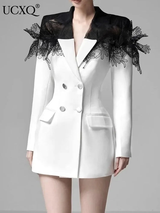 New Fashion Lace Patchwork Design Notched Collar Double Breasted Contrast Color Women’s Suit Dress 2025 Spring Winter A6718