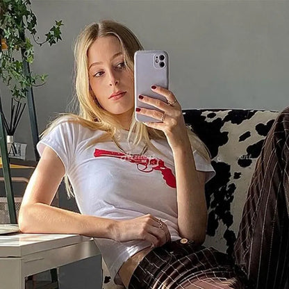 Y2K European and American Street Women’s Pistol Funny Print Short Naked T-shirt Fashion Slim Fit Casual Top
