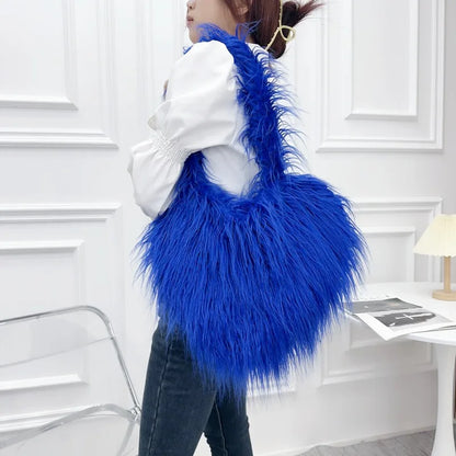 New Ins Trendy Heart Shaped Shoulder Bags Women Faux Sheep Fur Crossbody Bag Large Capacity Cute Y2k Kawaii Girls Handbags
