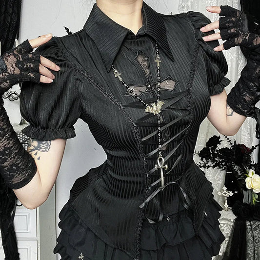 Bandage Corset Puff Sleeve Blouse