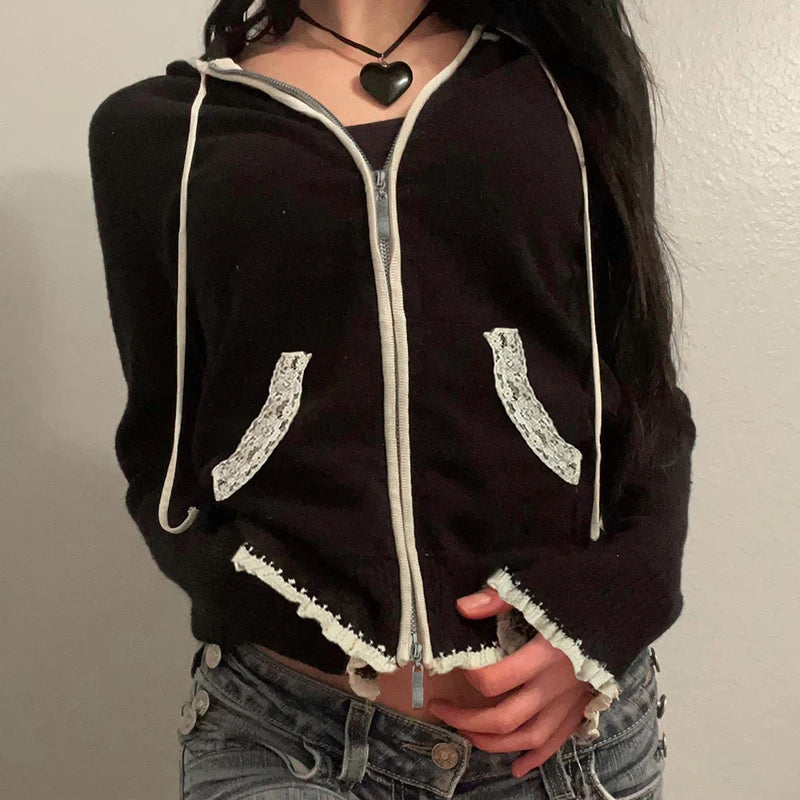 Black Lace Trim Knitted Sweater Cardigan Women Autumn Winter New Coat Sweet Basic All-Match Fashion