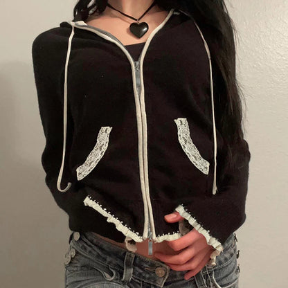 Black Lace Trim Knitted Sweater Cardigan Women Autumn Winter New Coat Sweet Basic All-Match Fashion
