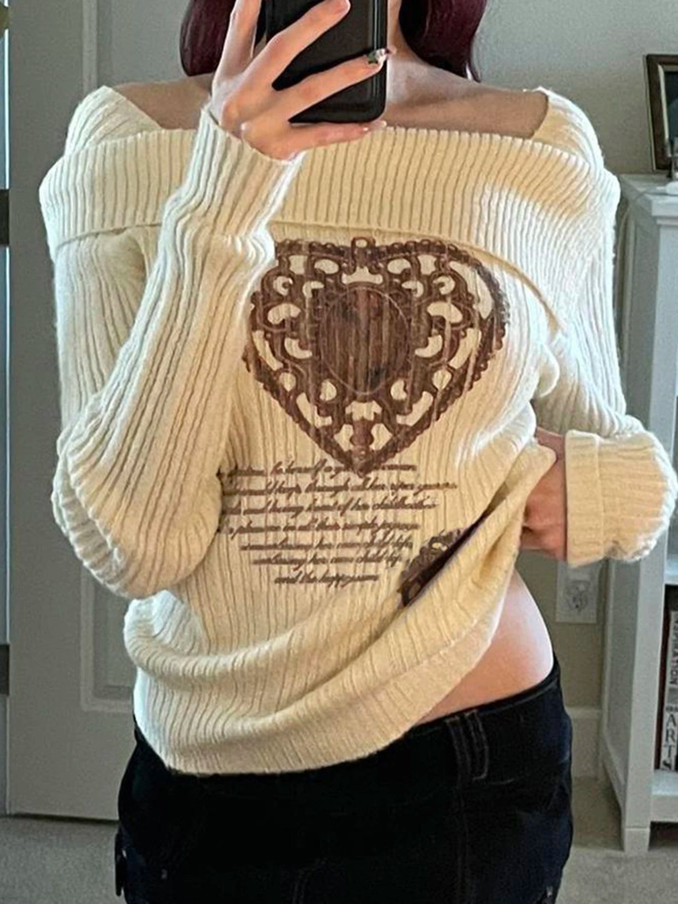 White Autumn Winter New Sweater Women Long Sleeve Y2k Retro Heart Print Top Off Shoulder Hotsweet Slim Pullovers