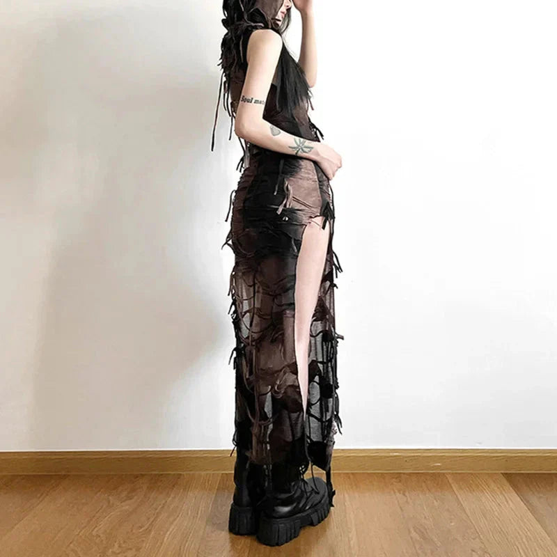 Grunge Dress y2k Tie Dye Print Sleeveless Side Split Hooded Dress Gothic Party Dresses Halloween Costume