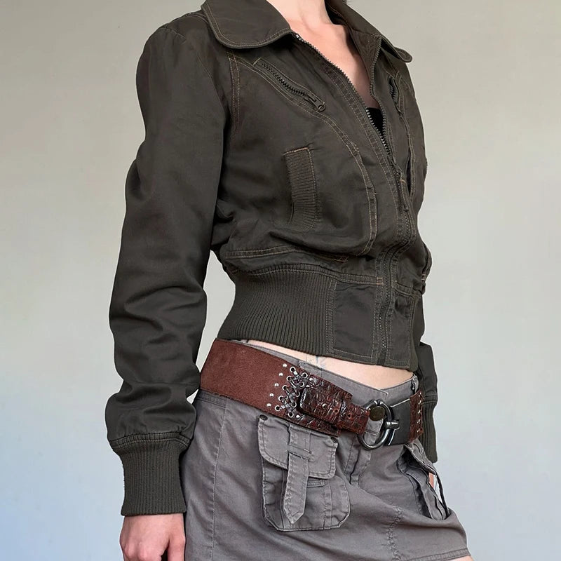 Fashion Y2K Women Cargo Jacket with Zipper Vintage Autumn Casual Stitch Detail Lady Pockets Coat Street Outfits