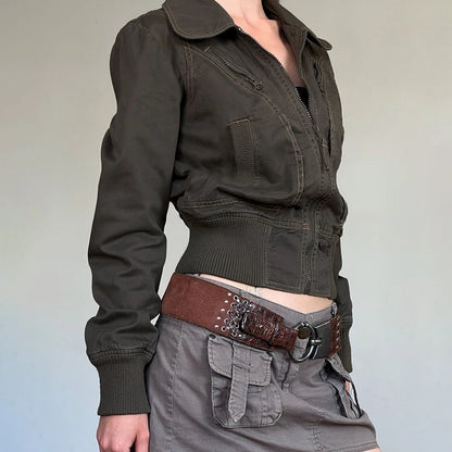 Fashion Y2K Women Cargo Jacket with Zipper Vintage Autumn Casual Stitch Detail Lady Pockets Coat Street Outfits