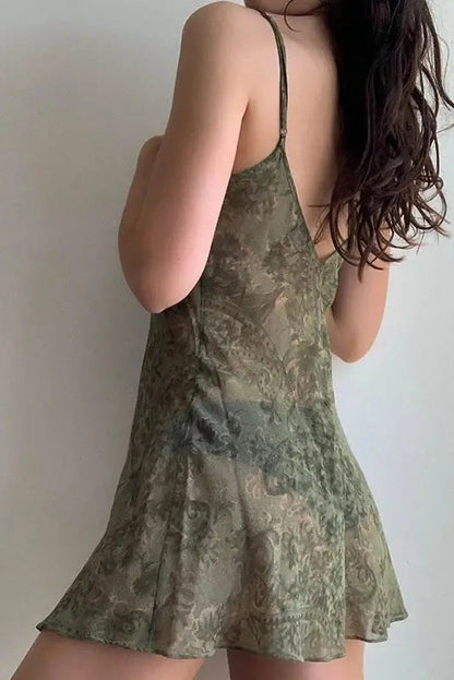 Mesh Retro Drawstring Mini Dress