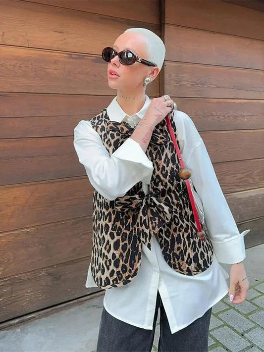 Chic Leopard Printed Lace Up Top For Women Casual V Neck Sleeveless Vest  New Spring Summer Female High Street Wasitcoat