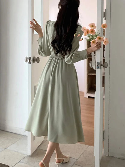 Korean Fashion Autumn Midi Dresses for Women Long Sleeves V-neck A-line Solid Casual Dress Office Lady Clothing  New
