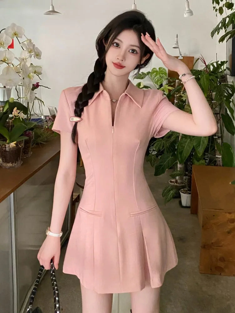 Summer New Casual Slim Solid Dresses for Women Sporty Turn-down Collor A-line Korean Chic Streetwear Simple Vestidos Mujer
