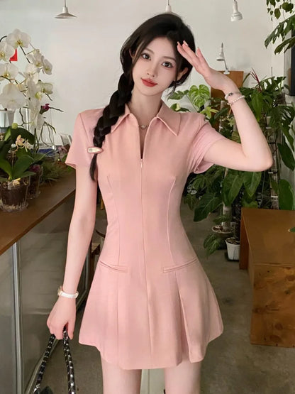 Summer New Casual Slim Solid Dresses for Women Sporty Turn-down Collor A-line Korean Chic Streetwear Simple Vestidos Mujer