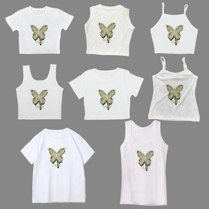 Pure wind short short sleeve female Korean spice girl round neck print wearing top with shoulder slimming T-shirt trend