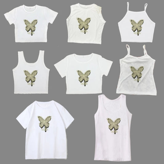 Pure wind short short sleeve female Korean spice girl round neck print wearing top with shoulder slimming T-shirt trend