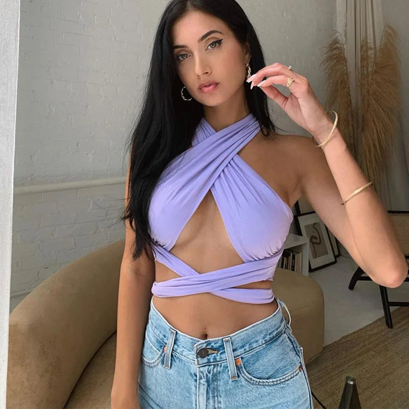 Sexy Strappy Cross Over Backless Halter Cami Top