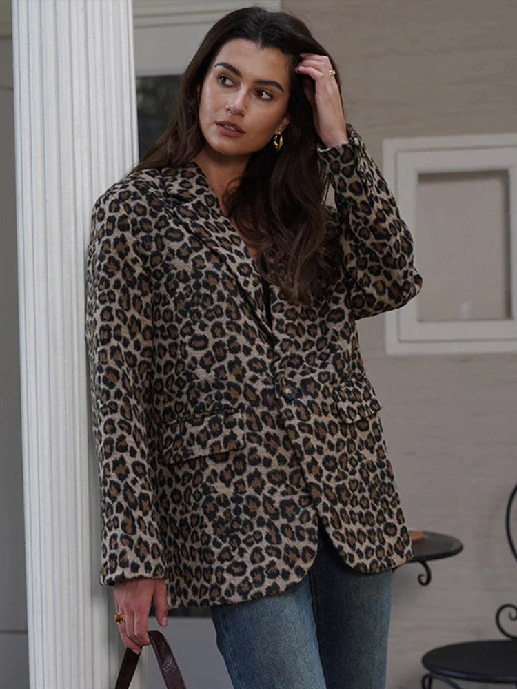 Fall Leopard Print Jacket Blazer Women Lapel One Button Long Sleeve Loose Coat Female  Fashion All-matching New in Outwears