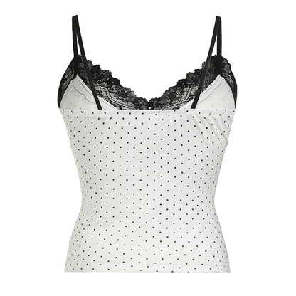 Voguable  Y2K Polka Dot Crop Top Buttons Contrast Lace Patchwork V-neck Camisole Coquette Casual Basic Tank Tops All-match