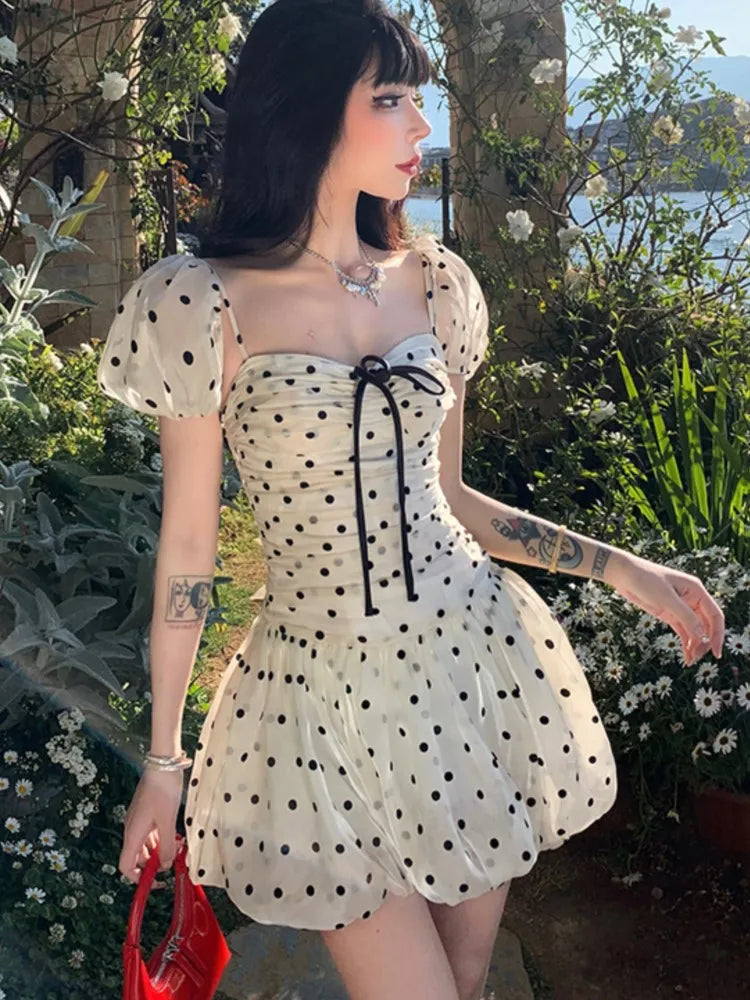 Polka Dot Birthday Party Dress Off Shoulder Puff Sleeve A-line Ball Gown Mini Dresses for Women Korean Fashion One Piece Vestido