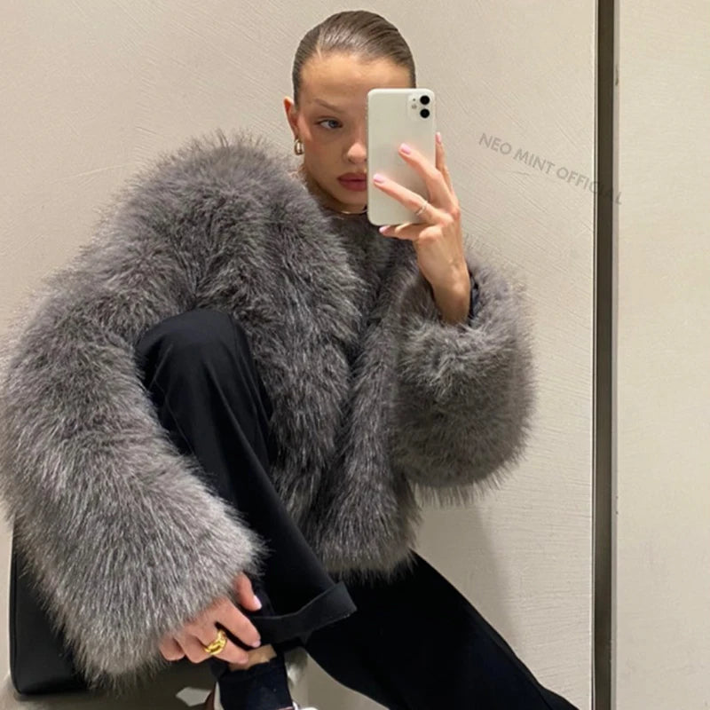 Street Fashion Girls Gray Fluffy Short Faux Fox Fur Jacket Women Winter  Hot Brand Thick Warm Eco Fur Coat Female
