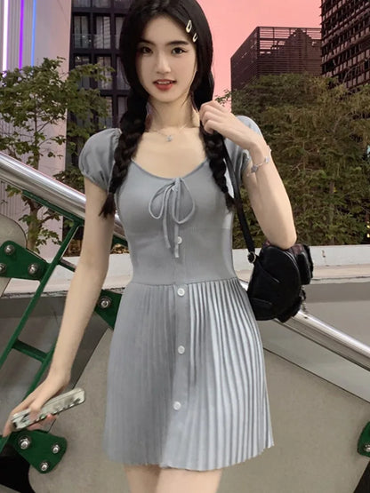 Sexy Knitted Dresses for Women V-neck A-Line Pleated Mini Dress Korean Fashion Solid Autumn Knitting One Piece Vestido Mujer New