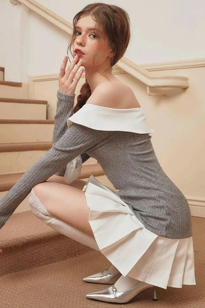 Pleated Patchwork Off-Shoulder Mini Dress with Long Sleeves