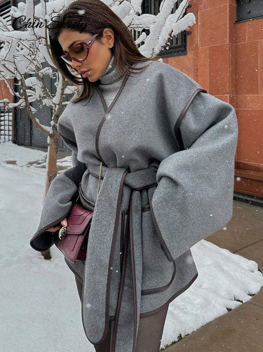 Elegant Patchwork Belt Women’s Coats Women Contrast V-neck Long Sleeve Pocket Female Overcoats  Autumn Lady New in Outwear