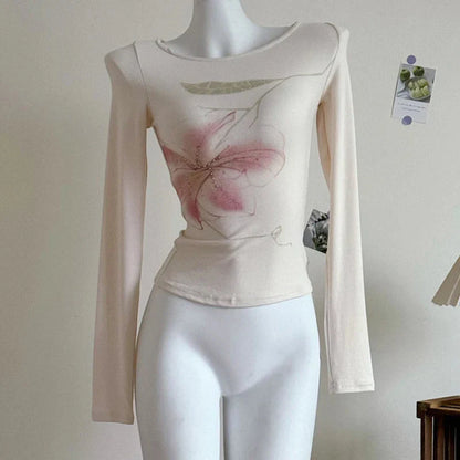 Fairy Coquette Top y2k Clothing Rhinestone Floral Print Round Neck Long Sleeve T Shirts 2000s Clothes Streetwear