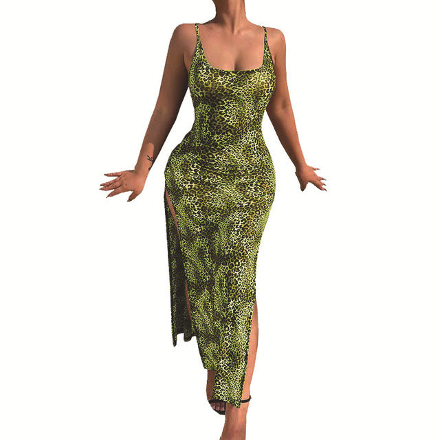 Fashion Leopard Print Slim Long Dresses Women Sexy Low Cut Backless Package Hip Bodycon Slit Dress Female Streetwear Summer New
