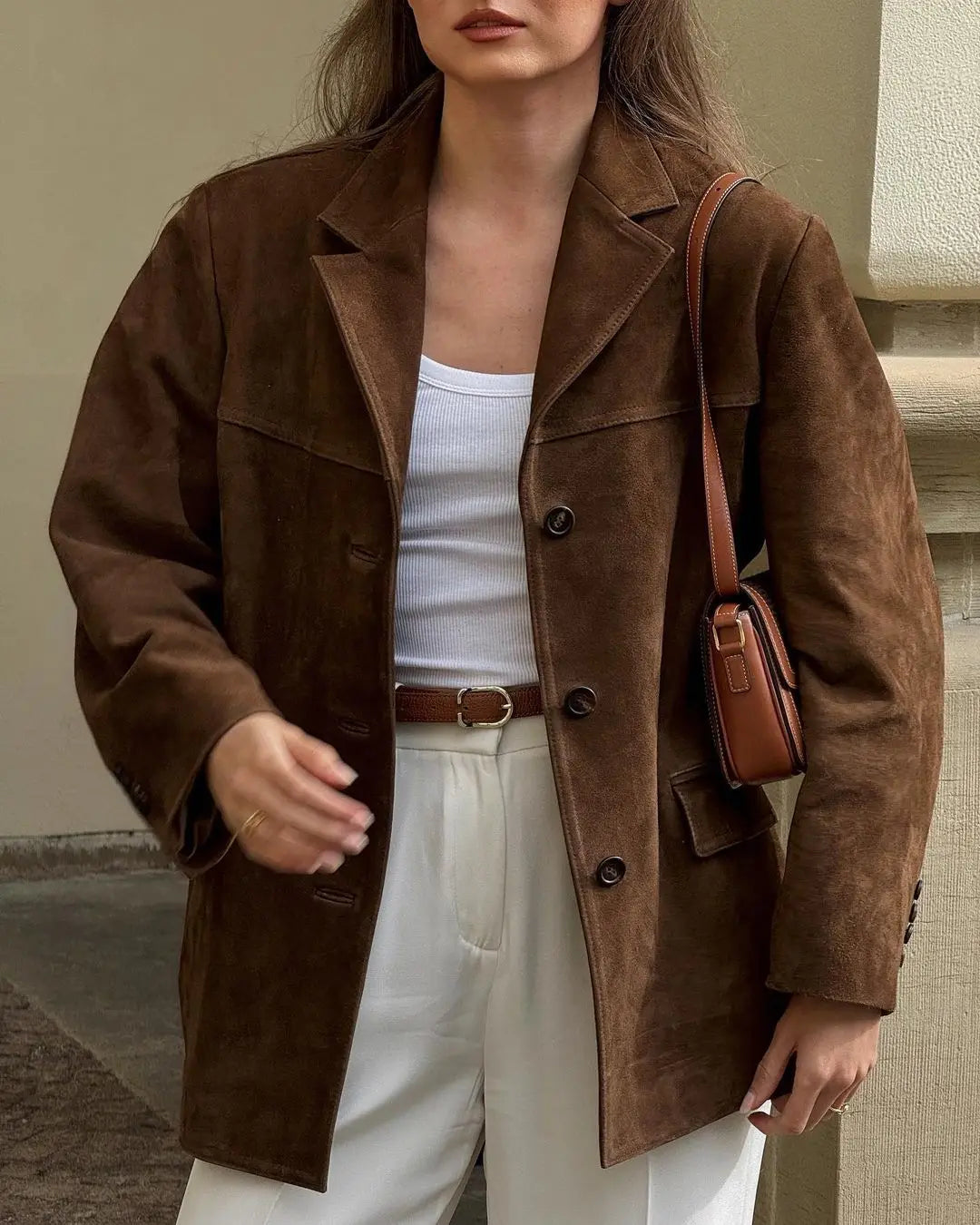 Casual Brown Cropped Lapel Women's Jacket Fashion Single Breasted Long Sleeve Loose Coat New Winter Chic Female Streetwear