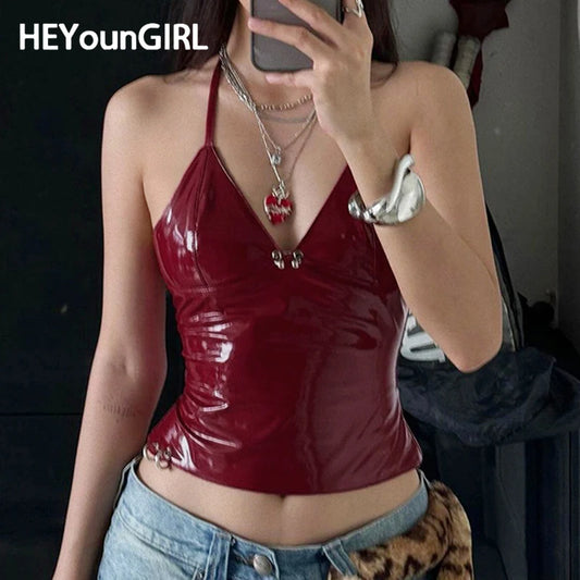 Faux Leather Red Halter Vest Club Outfits Women V-neck Metal Buckle Sexy Camis Top Backless Stylish Tanks High Street