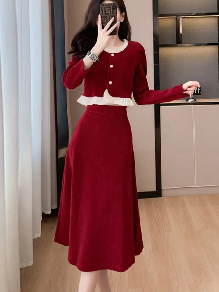 Autumn Winter Corduroy Two-piece Skirt Set Women Long Sleeve Ruffles O-neck Top Solid Midi Skirt Korean Fashion Outfits New