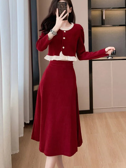 Autumn Winter Corduroy Two-piece Skirt Set Women Long Sleeve Ruffles O-neck Top Solid Midi Skirt Korean Fashion Outfits New