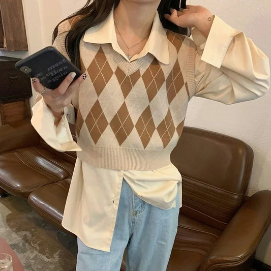 Vintage V-neck Plaid Sweater Vest Women Autumn Winter Vintage Knit Sweaters Pullover Loose Korean Knitwear Tops Pull Femme